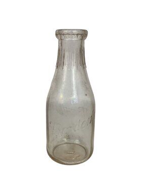 Vintage Bordens Clear Glass Milk Bottle Ribbed Neck Embossed Logo 1 Quart